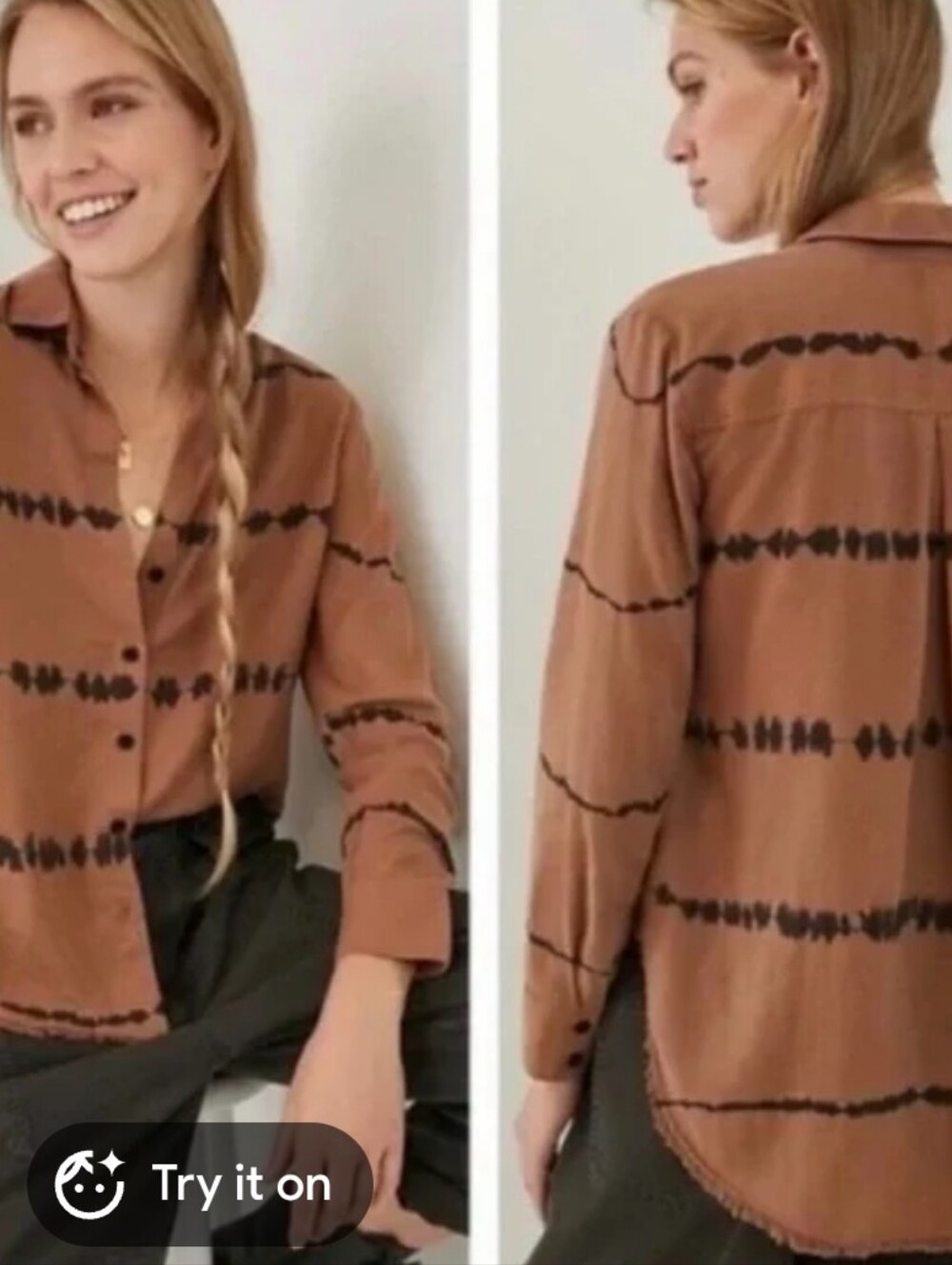 Anthropologie Cloth & Stone Brown Button-Down Shirt with Black Tie-Dye Stripes